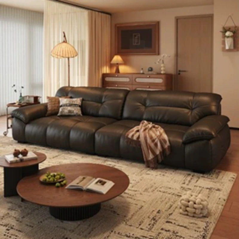 Mid-Century Cloud Style Elephant Ear Top-Grain Leather Sofa Italian Retro Deep Seat Couch for Living Room designer furniture