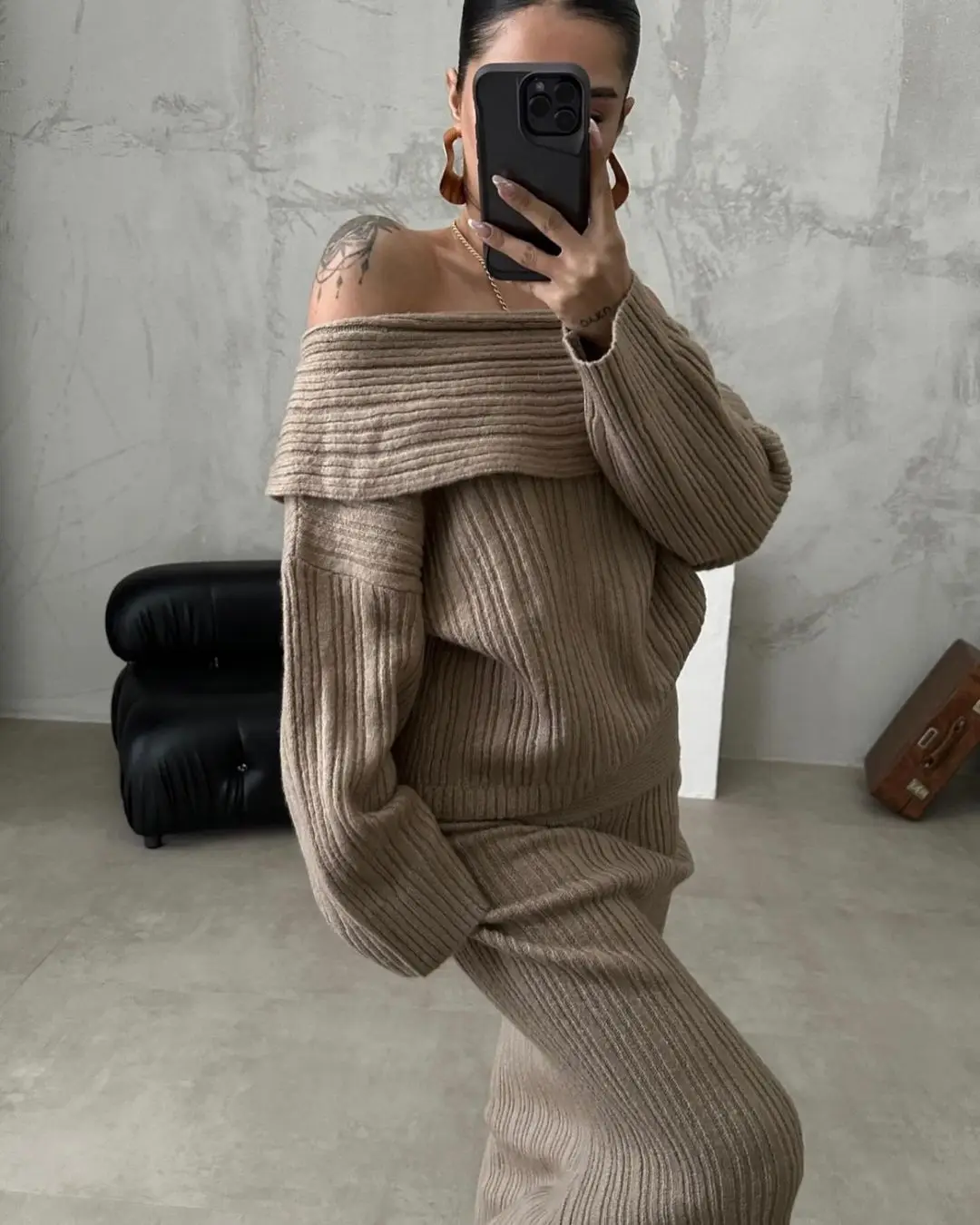 Autumn Winter Fashion Women Off-the-Shoulder Knitted Sweater Set Long Sleeve Long Skirt Y2k Sexy Casual 2 Piece Dinner Partywear