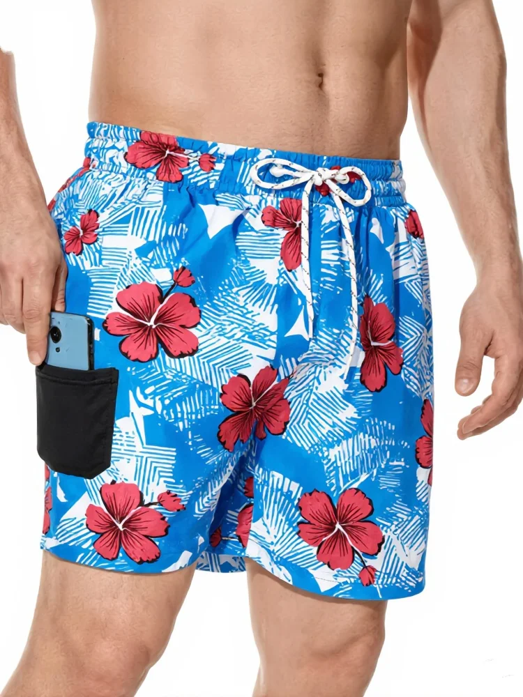 Mens Beach Shorts Hawaiian Tropical Hibiscus Print Blue Red Summer Vacation Holiday Casual Shorts