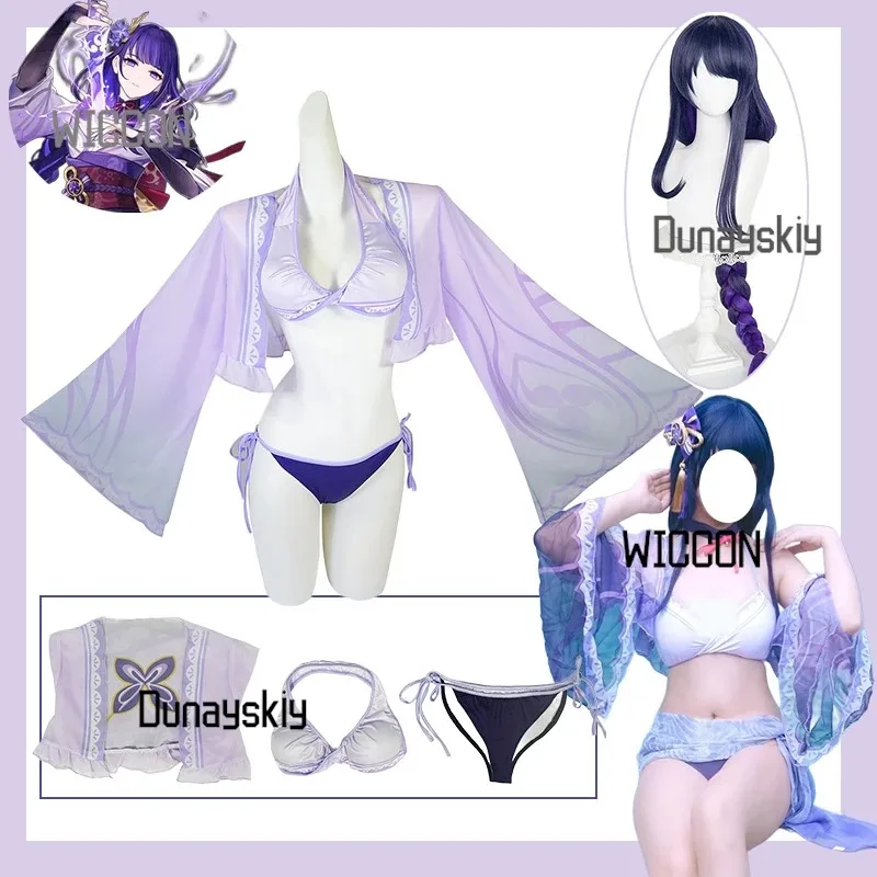 

Genshin Impact Raiden Shogun Swimwear Cosplay Costume Set with Wig - Anime Convention Halloween Graduation Summer Outfit
