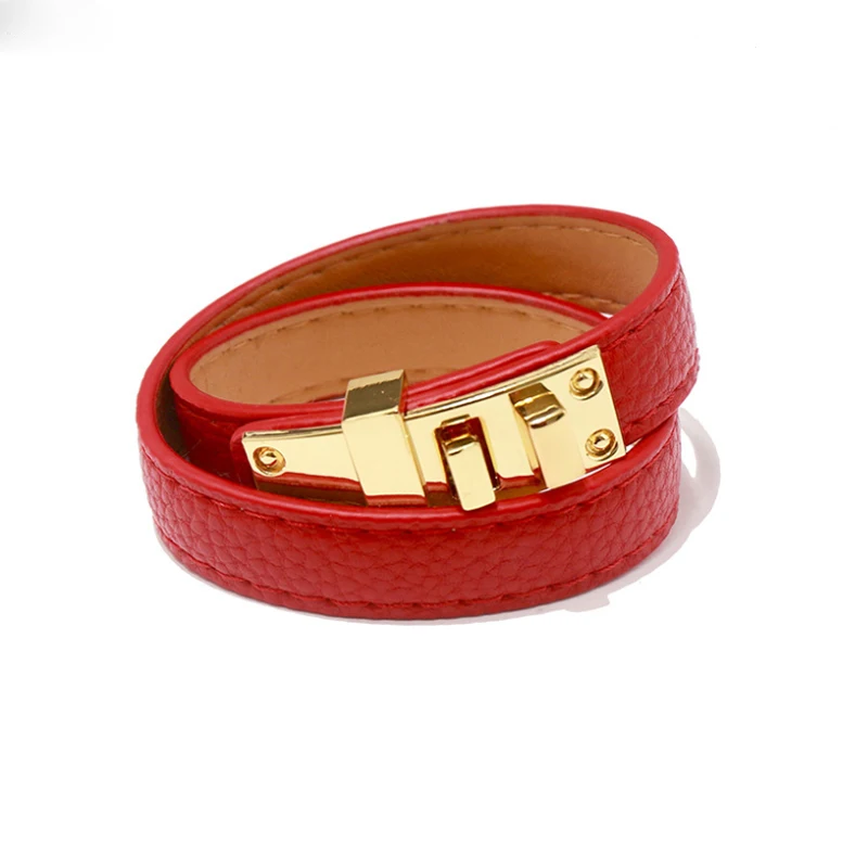 

Bobokiki Jewelry European and American Fashion 316L Stainless Steel Square Buckle Double-Ring Leather Rope High-End Bracelet.