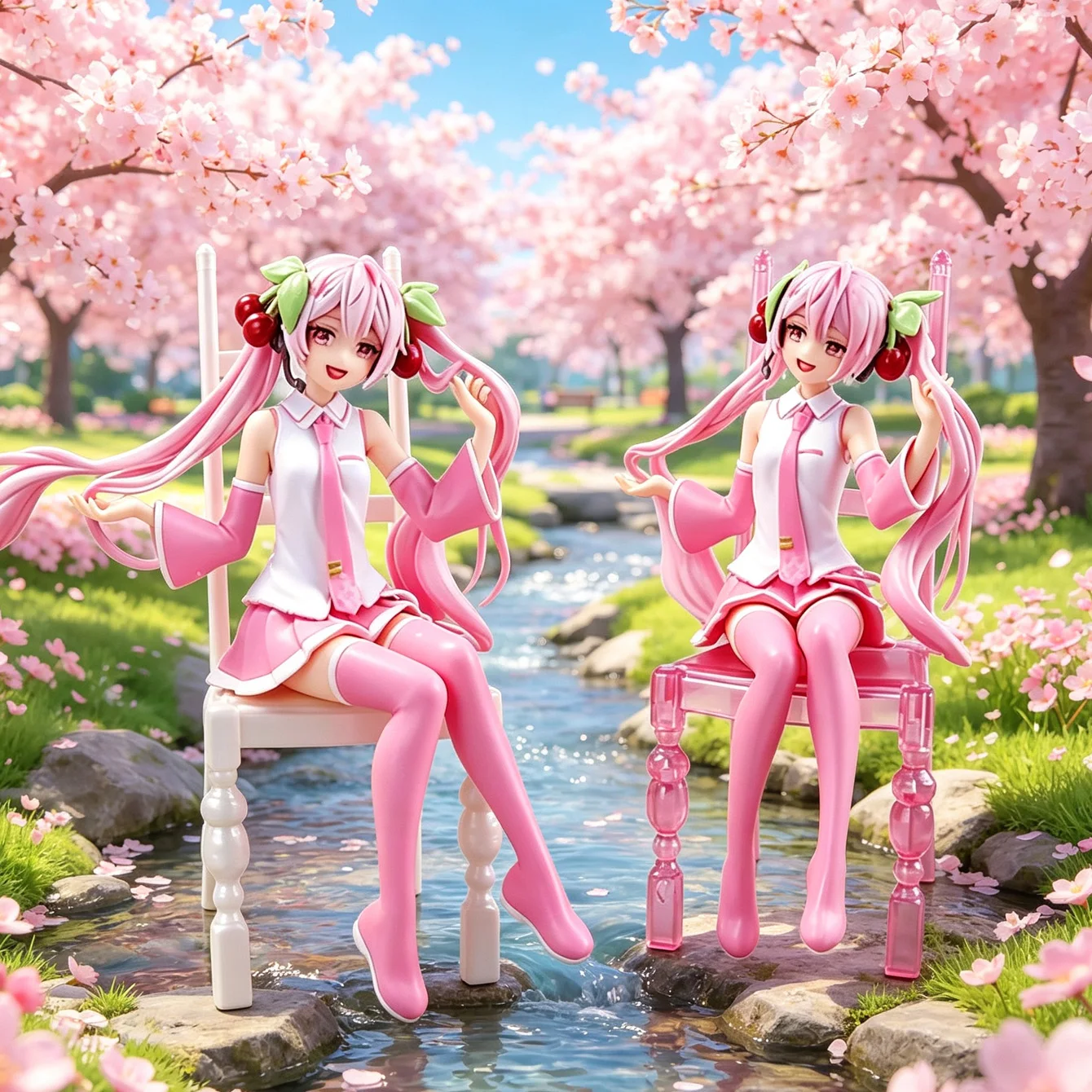 Sakura Miku Cherry Blossom Ver. Anime Figure Set – 2 Pink Hatsune Miku Statues with Chairs Collectible PVC Model