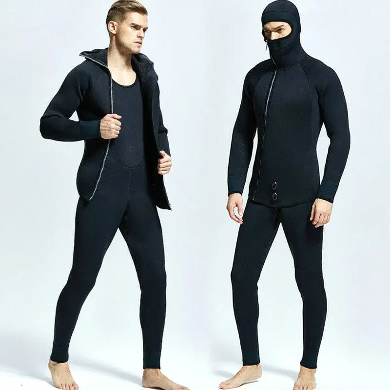 

7MM Men Wetsuit Hooded Two Piece Swimwear Winter Thickening Thermal Swimsuit Spearfishing Diving Underwater Hunting Clothing