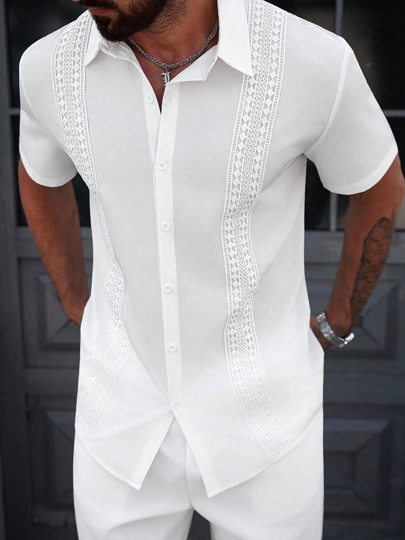 

Men's White Short Sleeve Casual Shirt with Lace Trim Detail