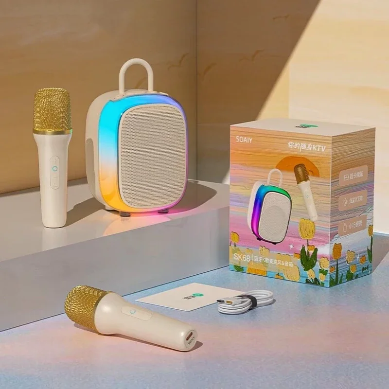 SOAIY Портативная беспроводная караоке-машина с двумя микрофонами BT PA Колонки KTV DSP Система HIFI Стереозвук RGB Красочные светодиодные фонари