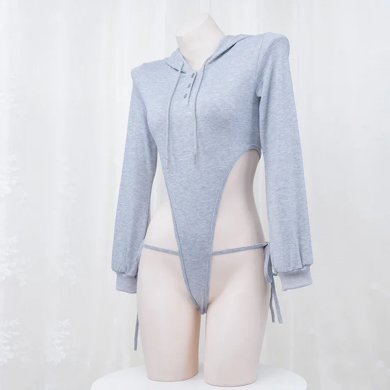 أنيمي فتاة المرأة رمادي كم طويل مقنع هوديي ارتداءها زي تأثيري ضمادة عالية الشق Playsuit هوديي الزي الملابس الداخلية فتاة