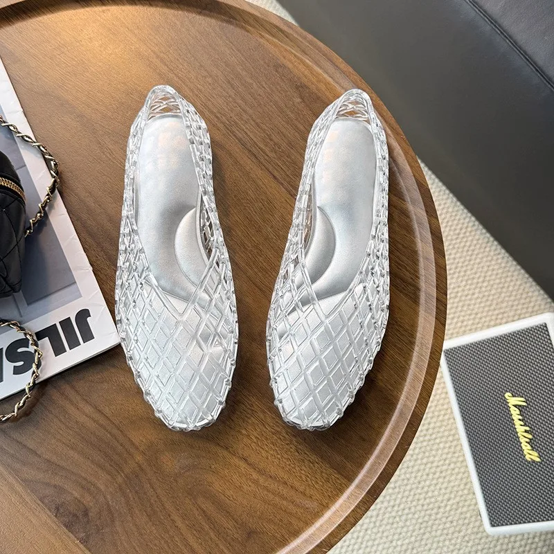 Pointed-toe flat-bottomed hollowed-out comfortable one-piece slip-on fishnet jelly single shoe crystal shoe for women