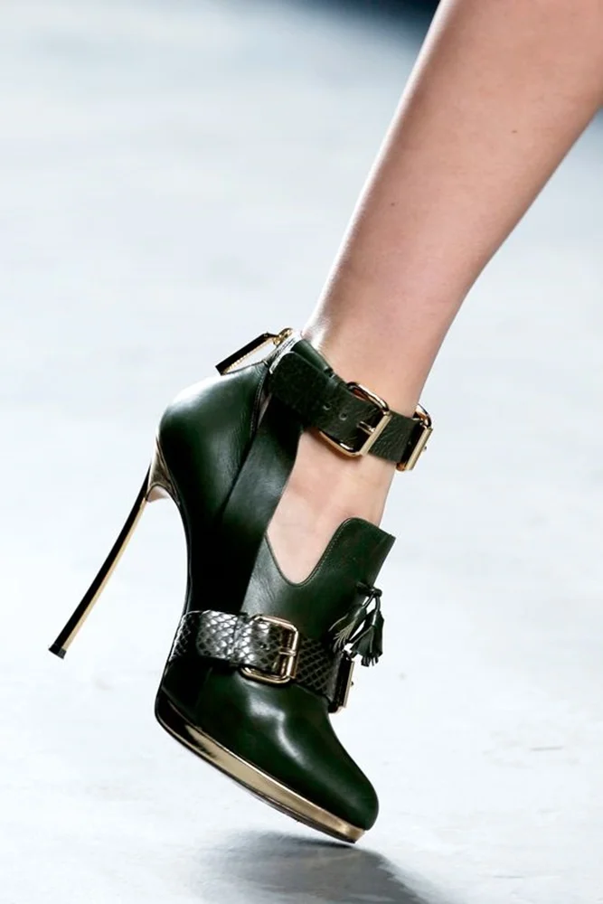 Metal Stiletto Heel Belt Buckle Pumps Round Toe Ankle Buckle Back Zipper High Heels Black Army Green Women Fashion High Heels