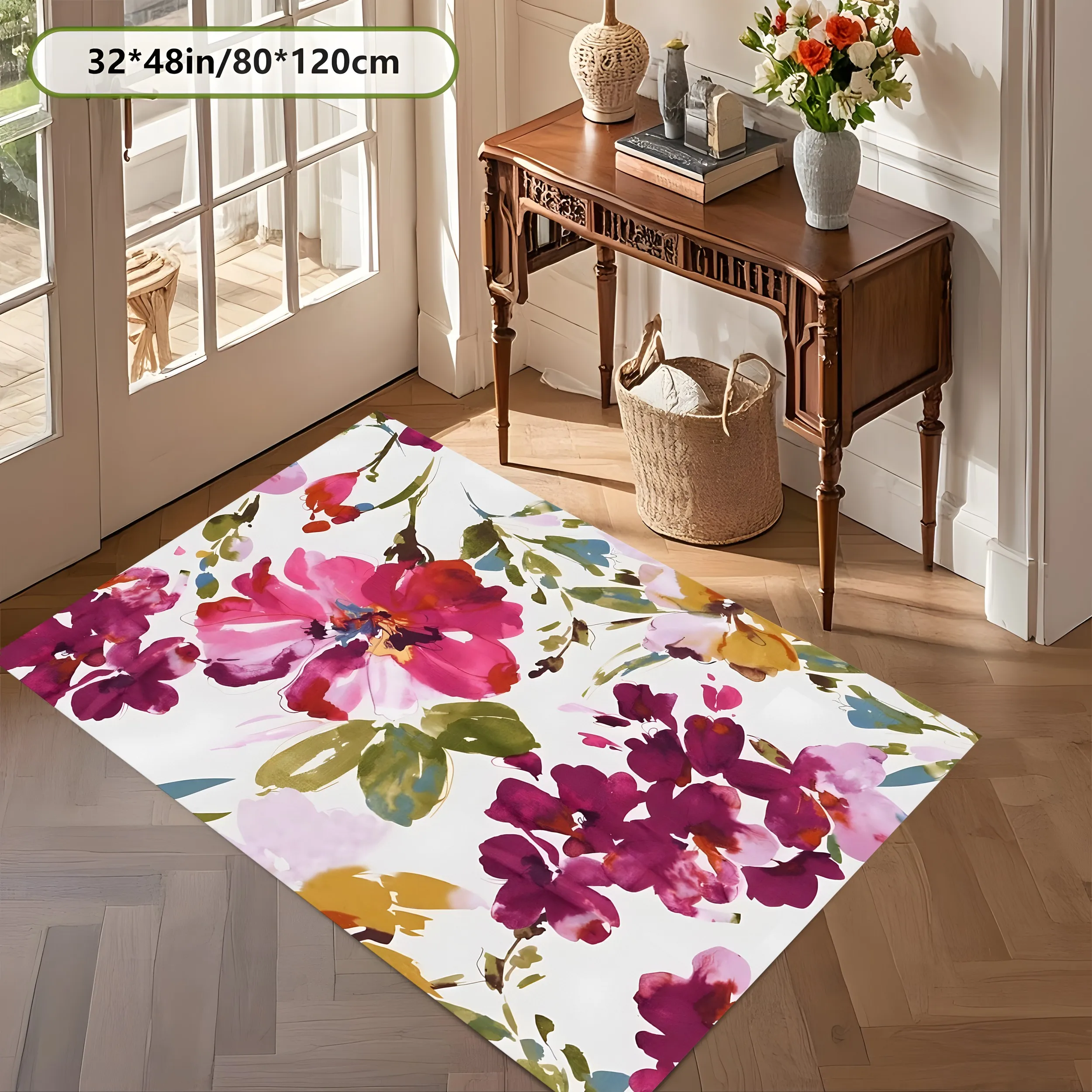 Watercolor Hand-Painted Floral Rug, Romantic Fresh Carpet for Living Room Bedroom, Cozy Home Decor