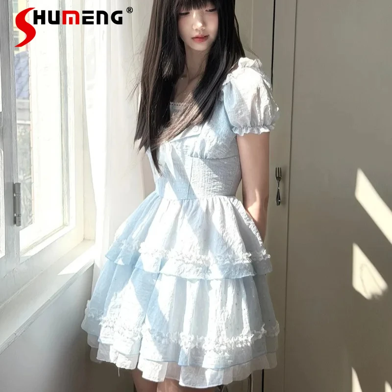 

Charming Blue Three-Dimensional Lace Cake Dress Star Shell Detail Cute Princess Short Dresses Female Fashion Outfit Y2k Vestidos