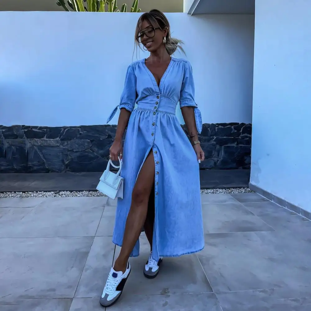 

Long Dress Stylish Denim Maxi Dress with V Neck Pleated A-line Silhouette High Split Hem for Commute Dating Summer Women Denim