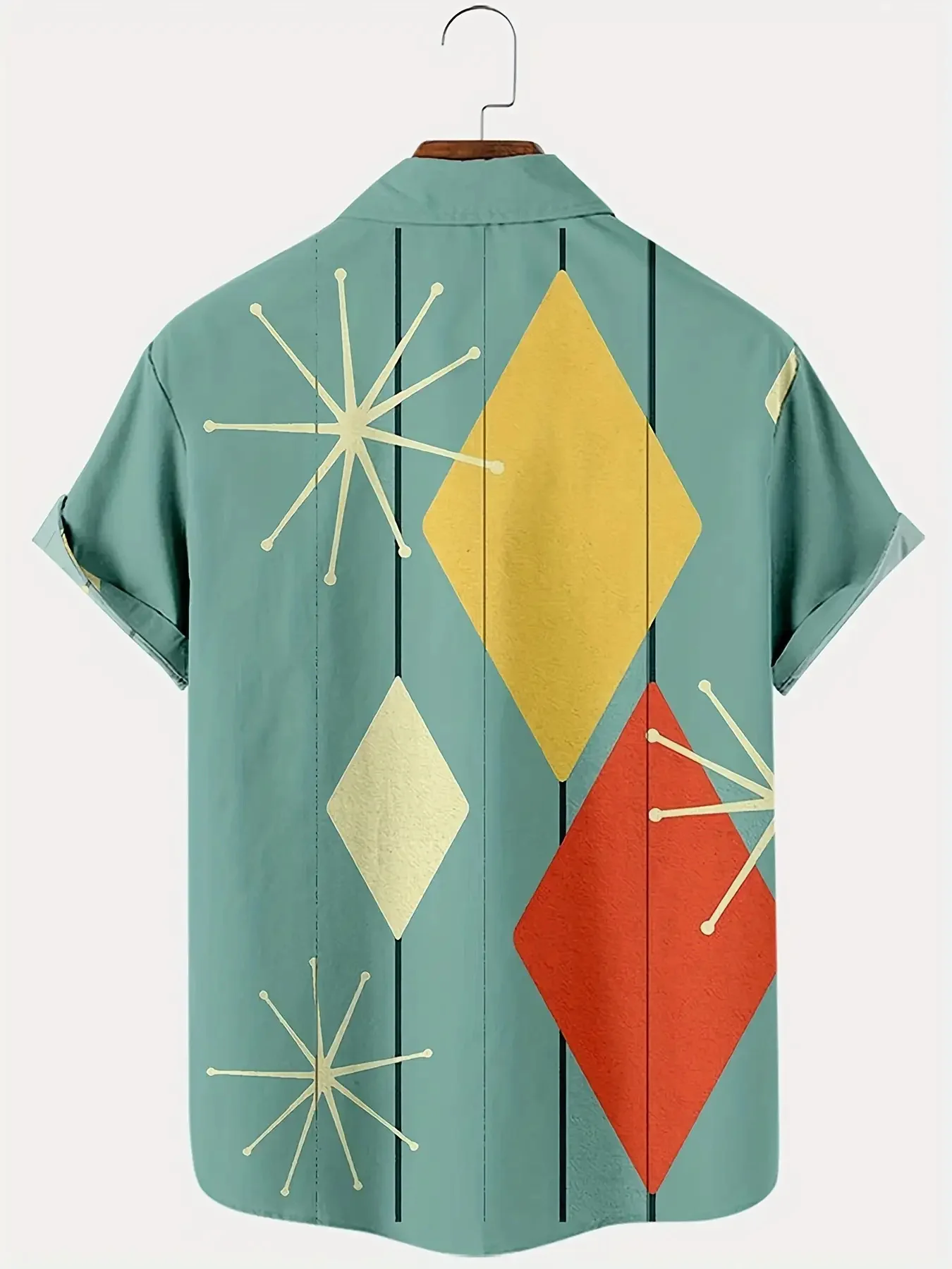 Men Loose Summer Shirt Retro Atomic Geometric Star Diamond Full‑Print Lapel Top Leisure Party Outfit