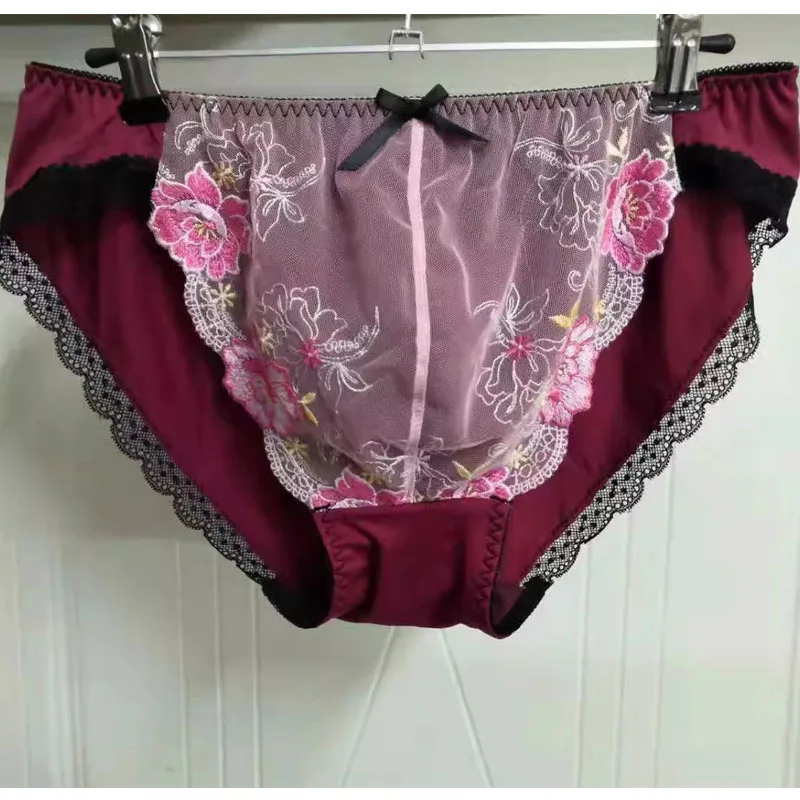 Вино-красный кружевной мешочек с вышивкой и бантом, мужские сексуальные трусы, трансвестит, трусики для пар с низкой талией, BF, костюм для частной вечеринки