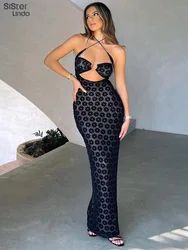 Sisterlinda Color Hanging Neck Halter Mesh Maxi Dress Women Sleeveless Lace Up Perspective Bag Hips Robe Lady Partywear Vestidos