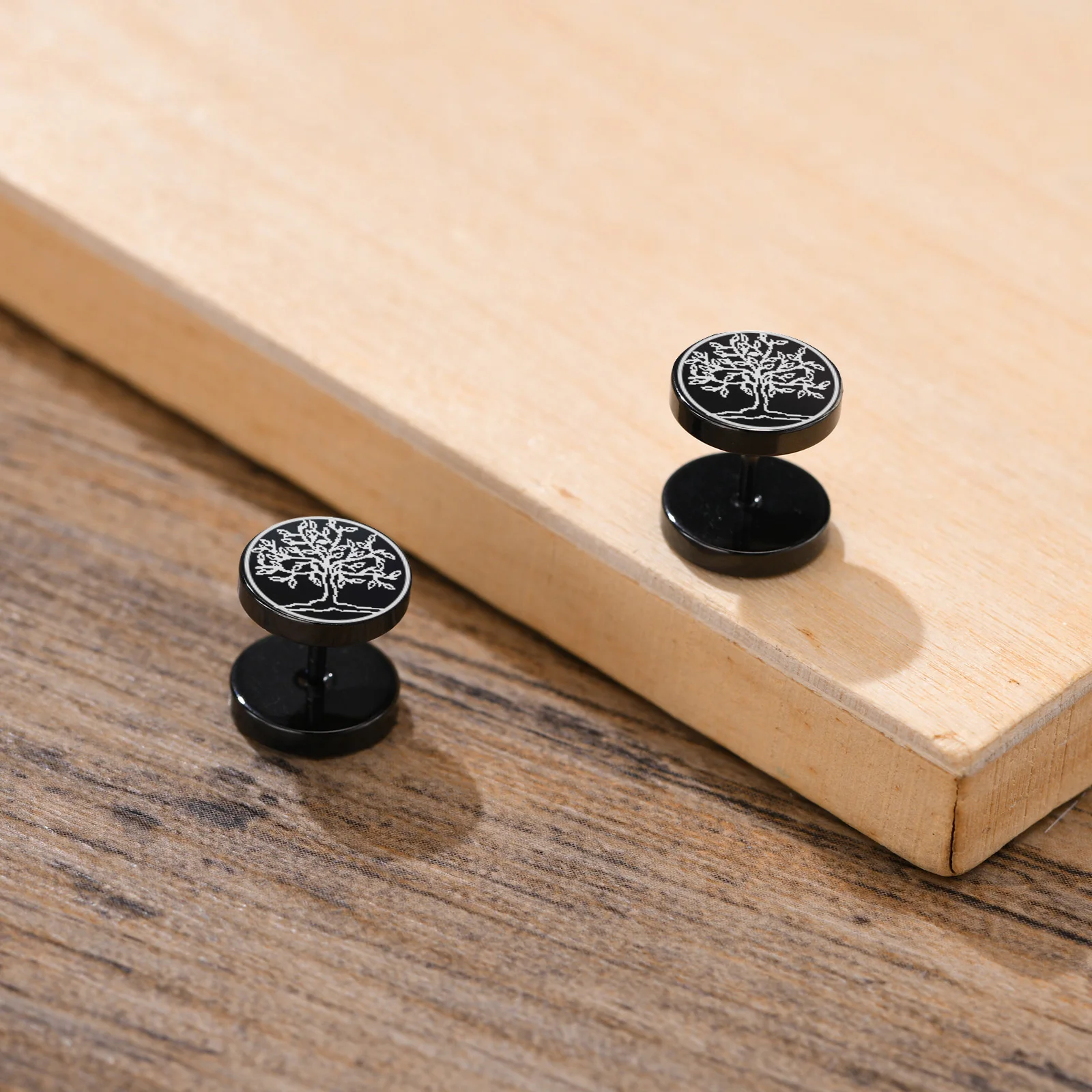 Street Hip Hop Rock Wolf Tree of Life Stud Earings for Men, Stainless Steel Screw Dumbbell Earrings
