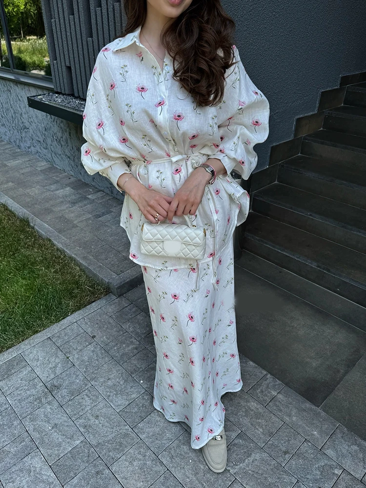 

2026 Women Casual Long Sleeve 2Pc Sets Elegant Flower Print Holiday Outfits Fashion Lapel Button Lace-Up Shirt & Long Skirt Suit