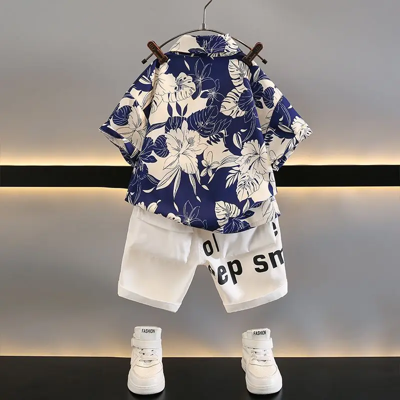 Children's summer ice silk thin shirt set in the young boy handsome stylish short-sleeved two-piece baby summer dress