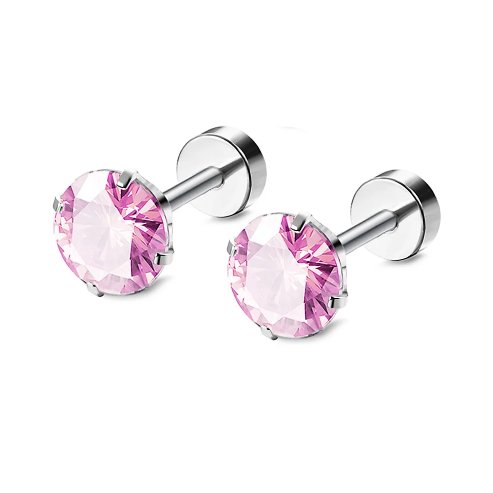 1 Pair Stainless Steel Round Cubic Zirconia Flat Back Stud Earrings Piercing Sleeper Cartilage Screwback Studs for Women Men