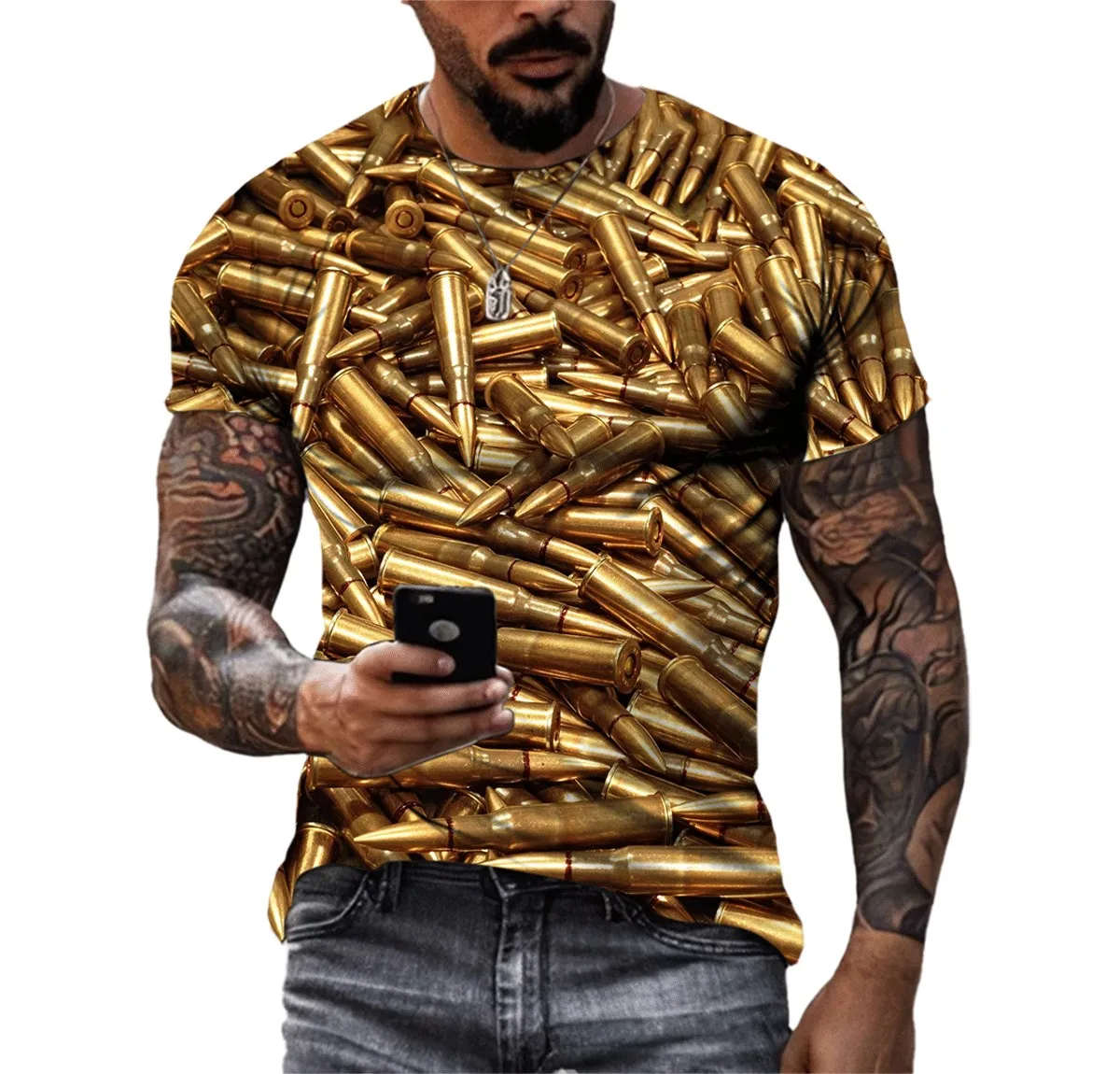 New Bullet Pattern Summer Men's 3d Printed T-shirt Tough Guy Style Personality Trend Short Sleeve Hip Hop Fashion Retro Top