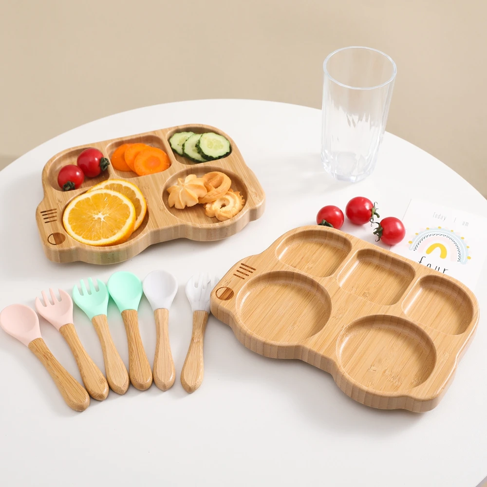 

3PCS Set Wooden Baby Feeding Tableware Silicone Fork Spoon BPA Free Children Tableware Suction Plate Bow Divider Food For Kids