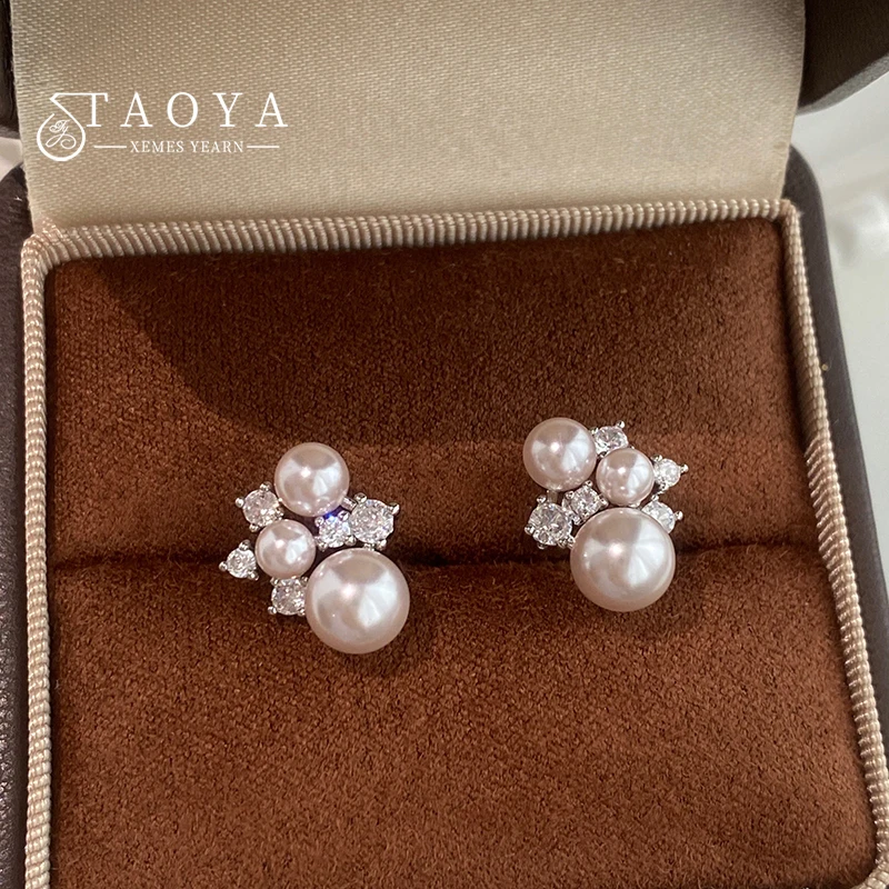 Elegante Rosé-Lila Imitationsperlen Mikro-Pavé Zirkonia Ohrstecker für Damen Mini-Accessoire Junge Luxus-Modeschmuck