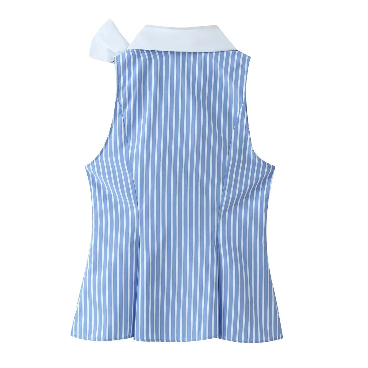 Willshela Women Fashion Blue Striped Single Breasted Vest Vintage Bowed Neck Sleeveless Female Chic Lady Tanks Tops