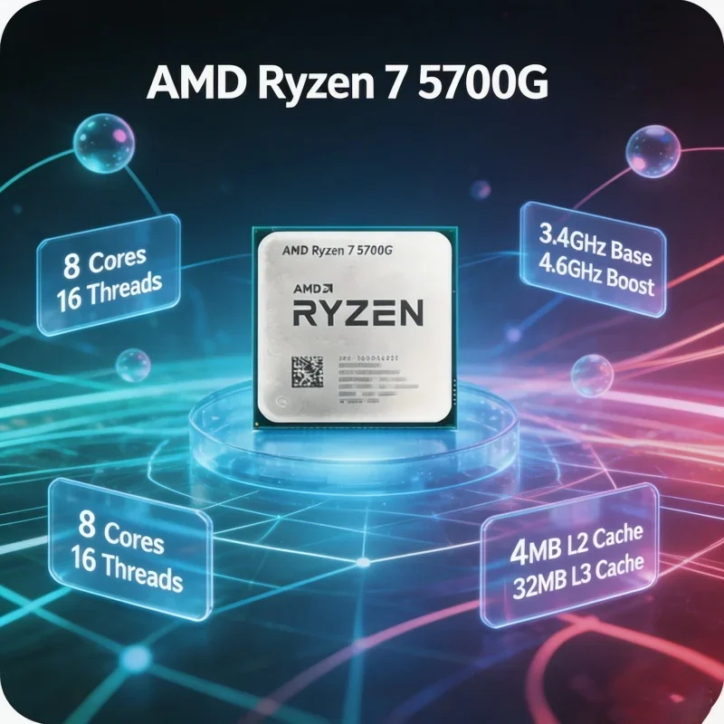 CPU AMD Ryzen 7 5700G R7 5700G de 8 Núcleos y 16 Subprocesos, 4.6GHz, Gráficos Radeon Vega 8, 16MB de Caché L3, AM4, para Juegos de Escritorio