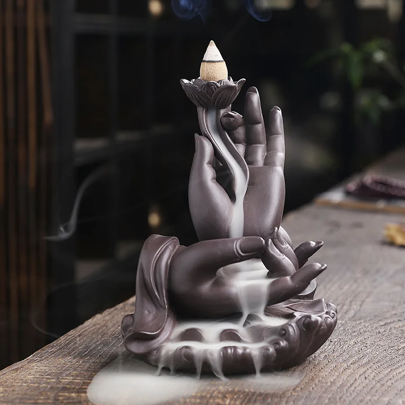 Chinese Zisha Clay Backflow Incense Burner Ceramic Candle Aromatherapy Furnace Creative Buddha Hand Home Decor Gift