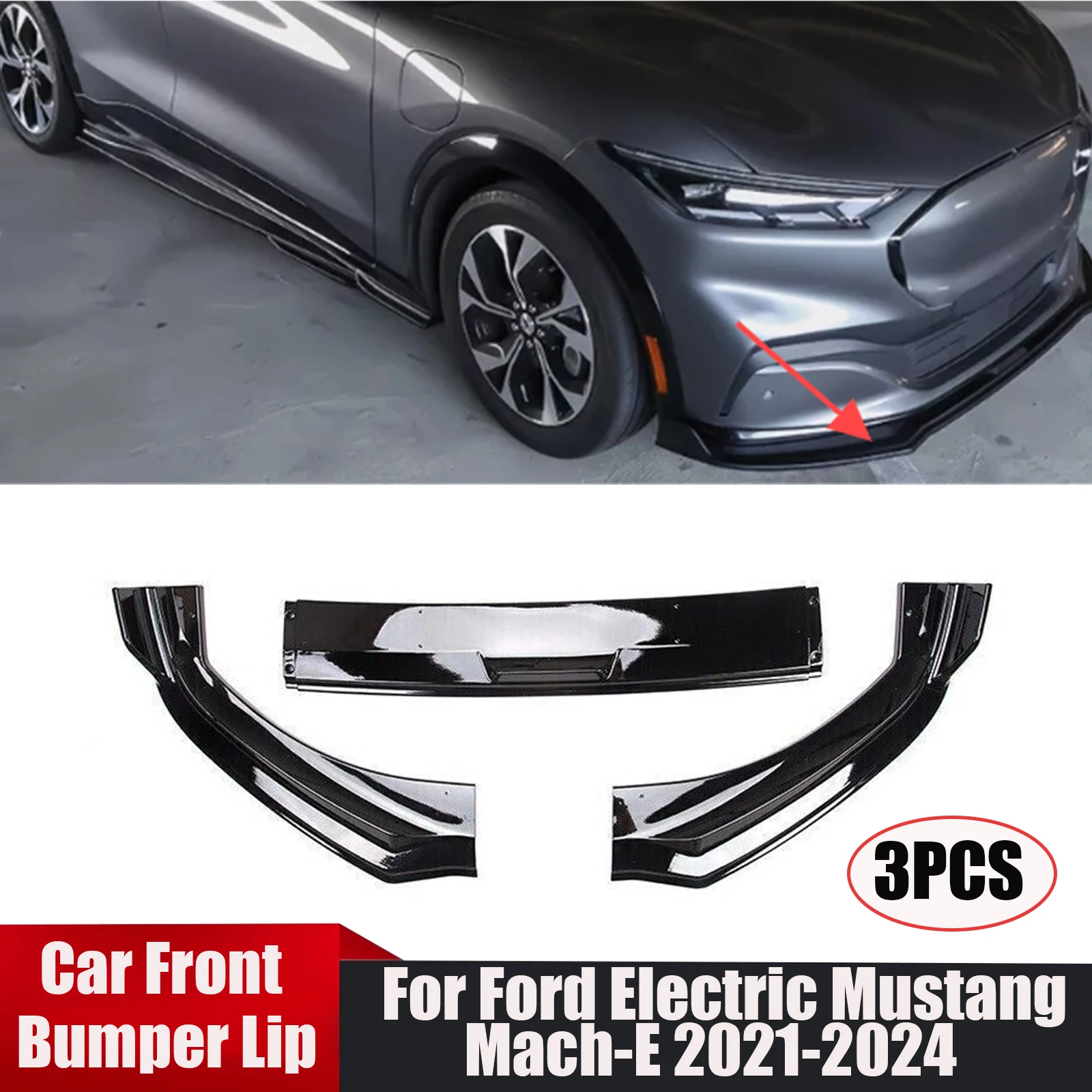 

For Ford Electric Mustang Mach-E 2021-2024 3 Piece Car Front Bumper Lip Spoiler Splitter Diffuser Carbon Fiber Style Body Kit