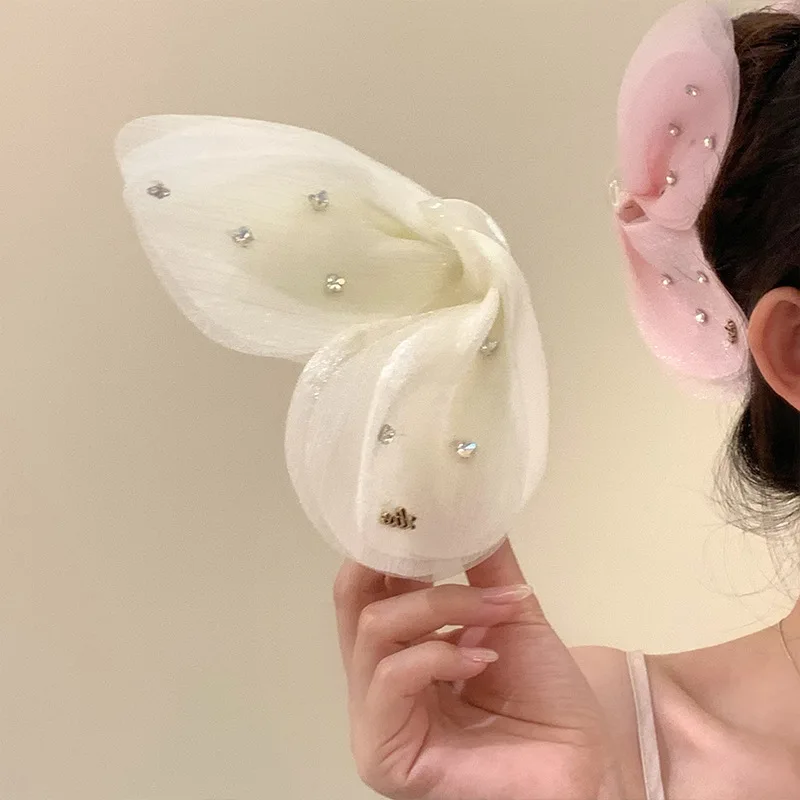 

French Ethereal Tulle Butterfly Rhinestone Claw Clip Oversized Sophisticated Hair Grip Crystal Updo Holder Minimalist Hairpiece