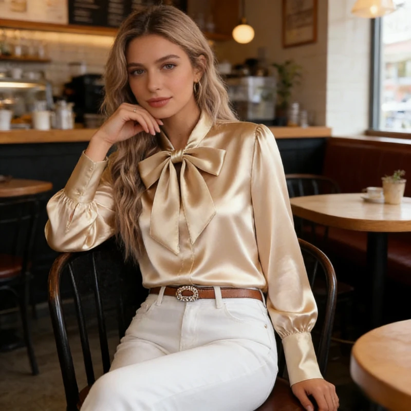 Wiosna 2026 Nowa, urocza bluzka z kokardą, sznurowana, satynowa, elegancka, modna, codzienna, jednolita, z długim rękawem, jesienne ubrania biurowe dla kobiet.