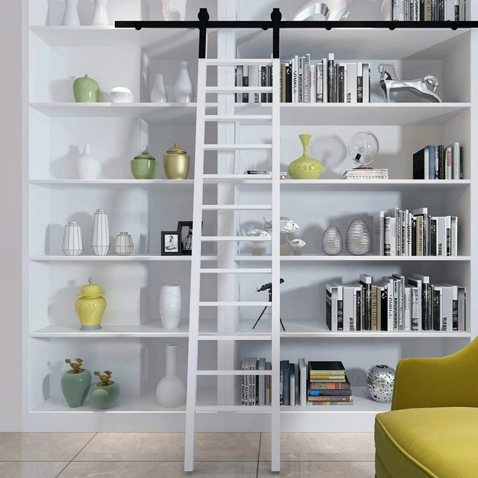 4FT-16FT Rolling Rustic Black Steel Sliding Library Office Ladder Hardware Track