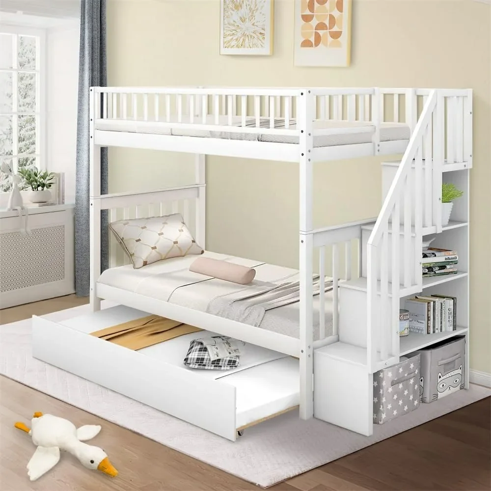 

Bunk Beds Twin Over Twin Bunk Bed with Twin Trundle & Staircases, Wood Bunk Bed Frame with Safety Rails, Kid Bed