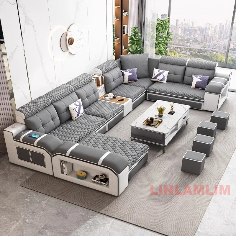 MINGDIBAO Modern U-Shaped Fabric Sectional Sofa with Speaker, Adjustable Headrests,USB Charging - Comfortable Quilted Upholstery