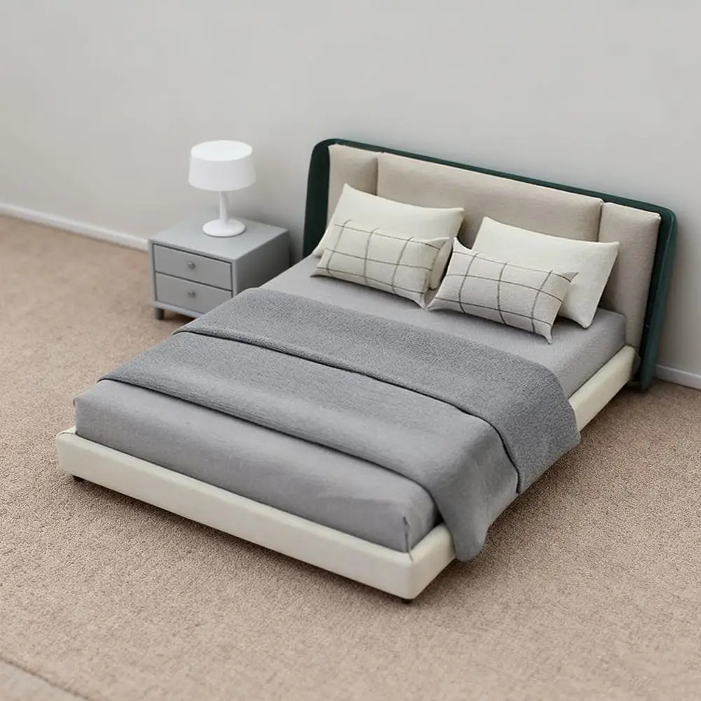 Cama doble y ropa de cama en miniatura para dormitorio, muebles de estilo crema, decoración en miniatura O6m3