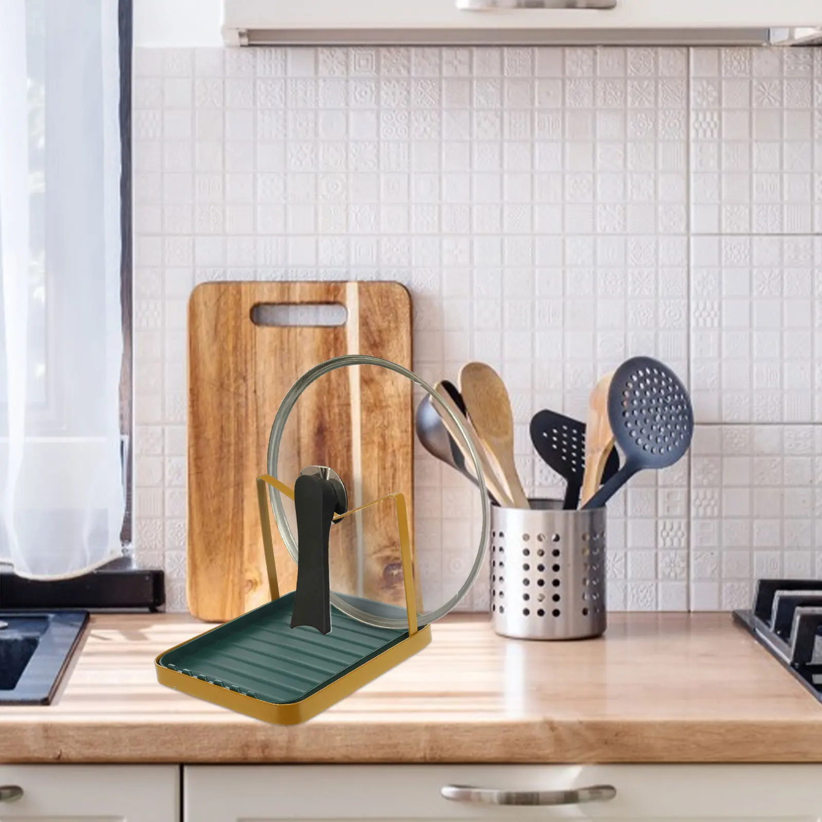 

Kitchen Pot Lid Rack Black Spoon Holder for Utensils Pan Cover Rest Organizer Gadgets Storage Neat Cooking Household Item