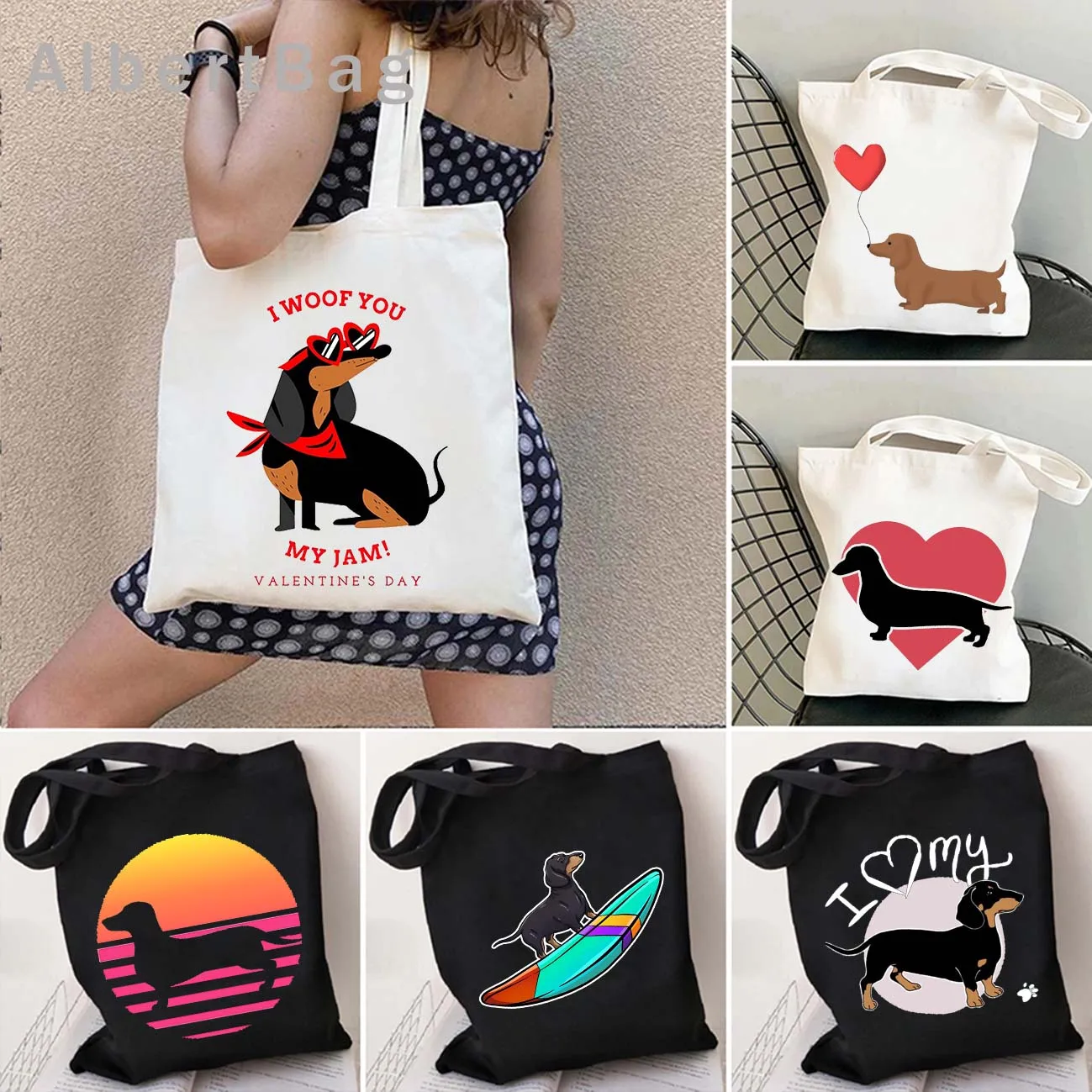

Funny Love Tan Smooth Dachshund Weiner Sausage Dog Cute Dachshund Dog Silhouette Canvas Shoulder Tote Bag Shopper Cotton Handbag