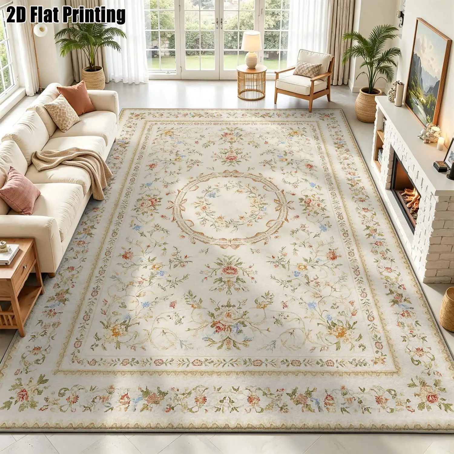 1Pc 2D Printed Beige Base Pink Floral Carpet: European Retro Geometric Line Rug for Home Decor, Multi-Size, Machine Washable, Ideal for Living Room, Bedroom, Dining Room, Entrance & Study
