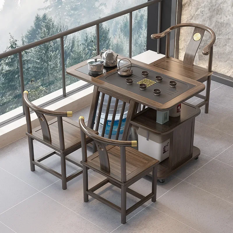 Solid wood balcony tea table household small tea table chair combination kettle integrated two people drinking tea table movable