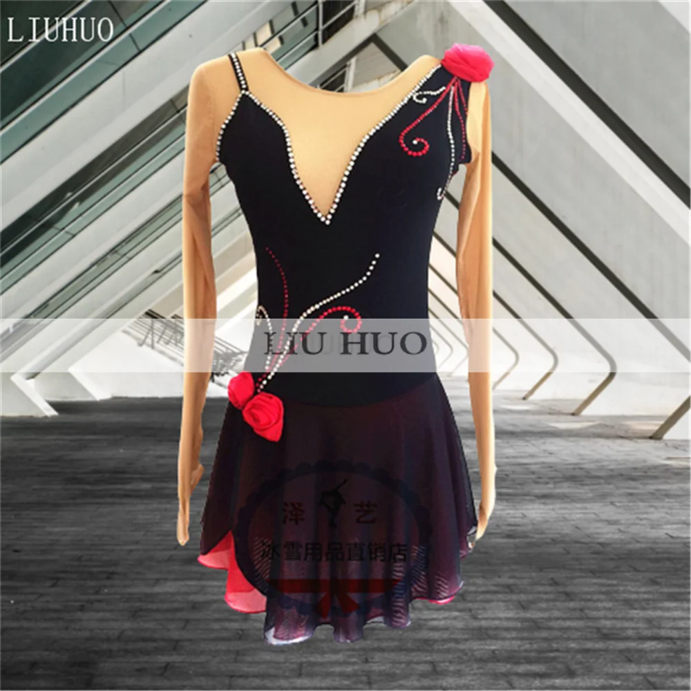 LIUHUO Leotardo de competición de gimnasia rítmica para mujer y niña, disfraz artístico, vestido de patinaje sobre hielo, baile, Ballet negro