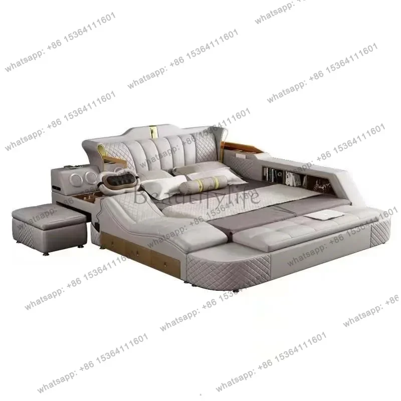 Massager Wood Double Bed Frame Leather Bluetooth Storage Home Bedroom Bed Tatami Electric Lit Multifonctionnel Bedroom Furniture