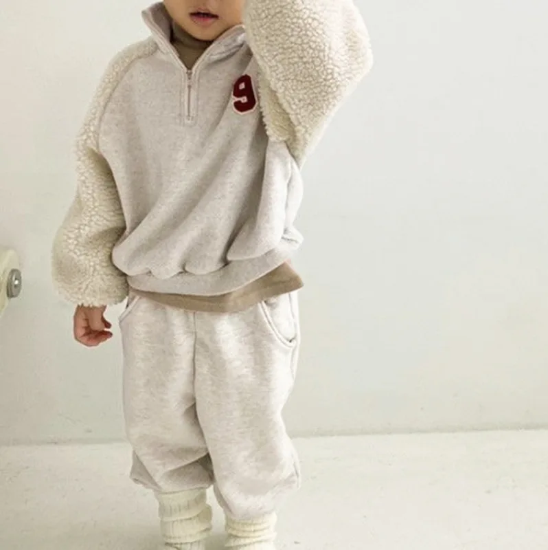 Winter Clothing New Personalized Lamb Wool Splicing Fleece Half Zipper Sweatshirt and Pants Two-piece Set