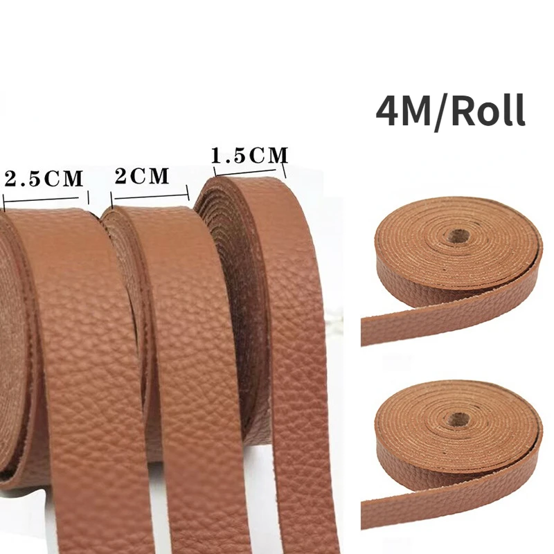 1Roll Brown Leather Strap Strip 1.5cm/2cm/2.5cm Wide Long Lychee Pattern Leather Belt Strips Wrap Single Sided Flat Cord 4m/roll