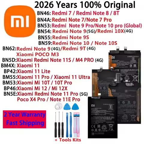 Original Bateria for Xiaomi Redmi Note 10S 10X 11 11E 7 8 8T 9 9 9T 9S 10 Lite Mi 10T 12 12X K30S Pro POCO X4 M3 UItra Battery
