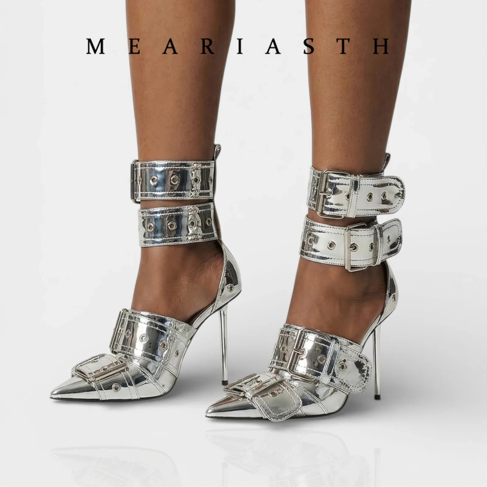 

Denim Metal Rivet Buckle Silver Sandals Women's Sexy Punk Style Pointed Metal Hollow 12cm High Heels Size 34-43 Womens Shoes