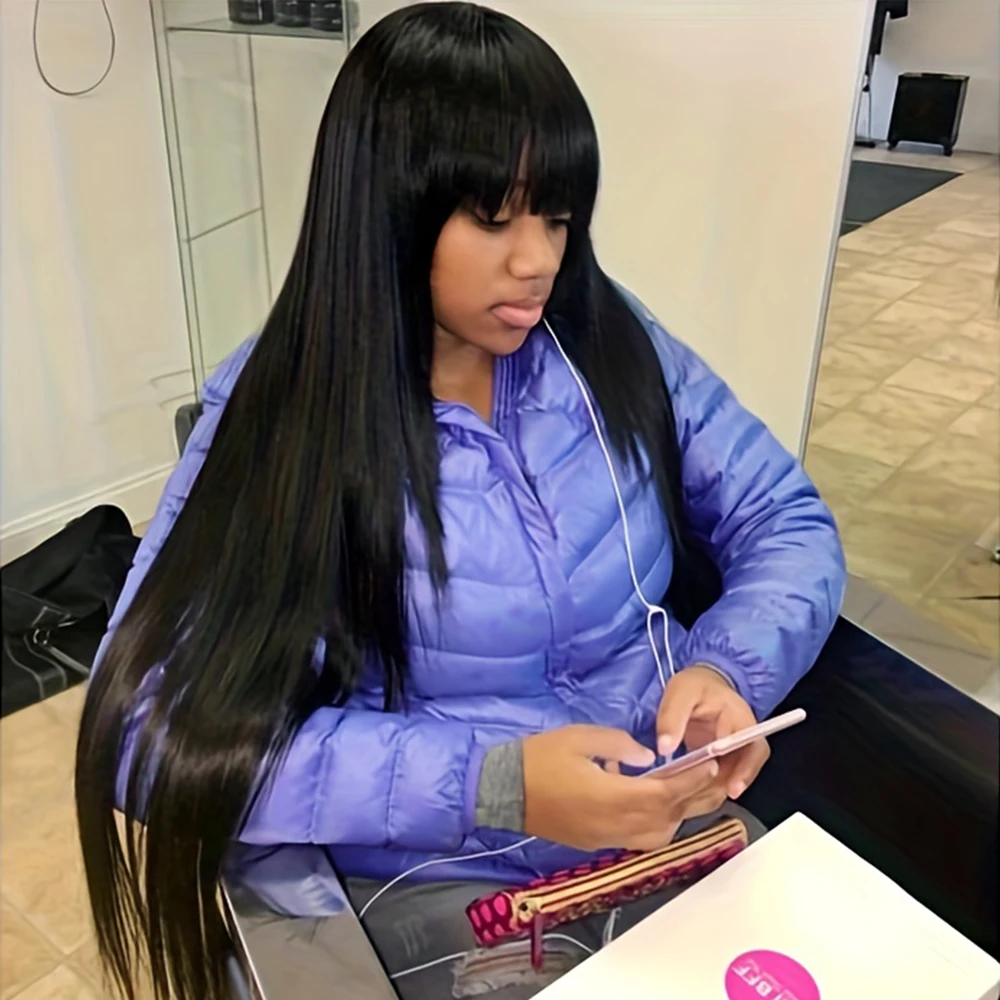 30 Inch Bone Straight Wig With Bangs Human Hair Wig Bob Full Machine Made Fringe Wigs Brazilian Natural Hair