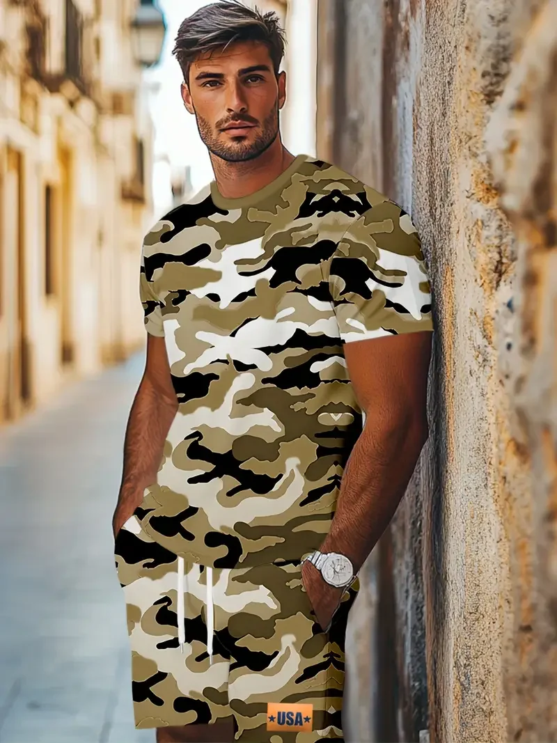 

Летний шикарный модный спортивный костюм на открытом воздухе 2020, мужской повседневный спортивный костюм в стиле хип-хоп, уличный стиль, футболка с 3D принтом, комплект с шортами