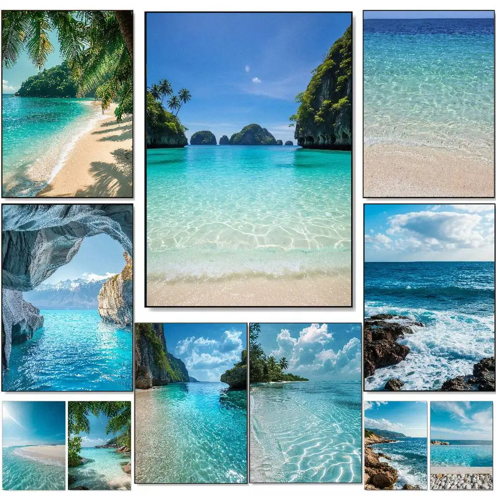 Tropical Beach Ocean Landscape Poster, Turquoise Clear Sea Water Palm Tree Coast Scenery Wall Art, Summer Seaside Home Decor