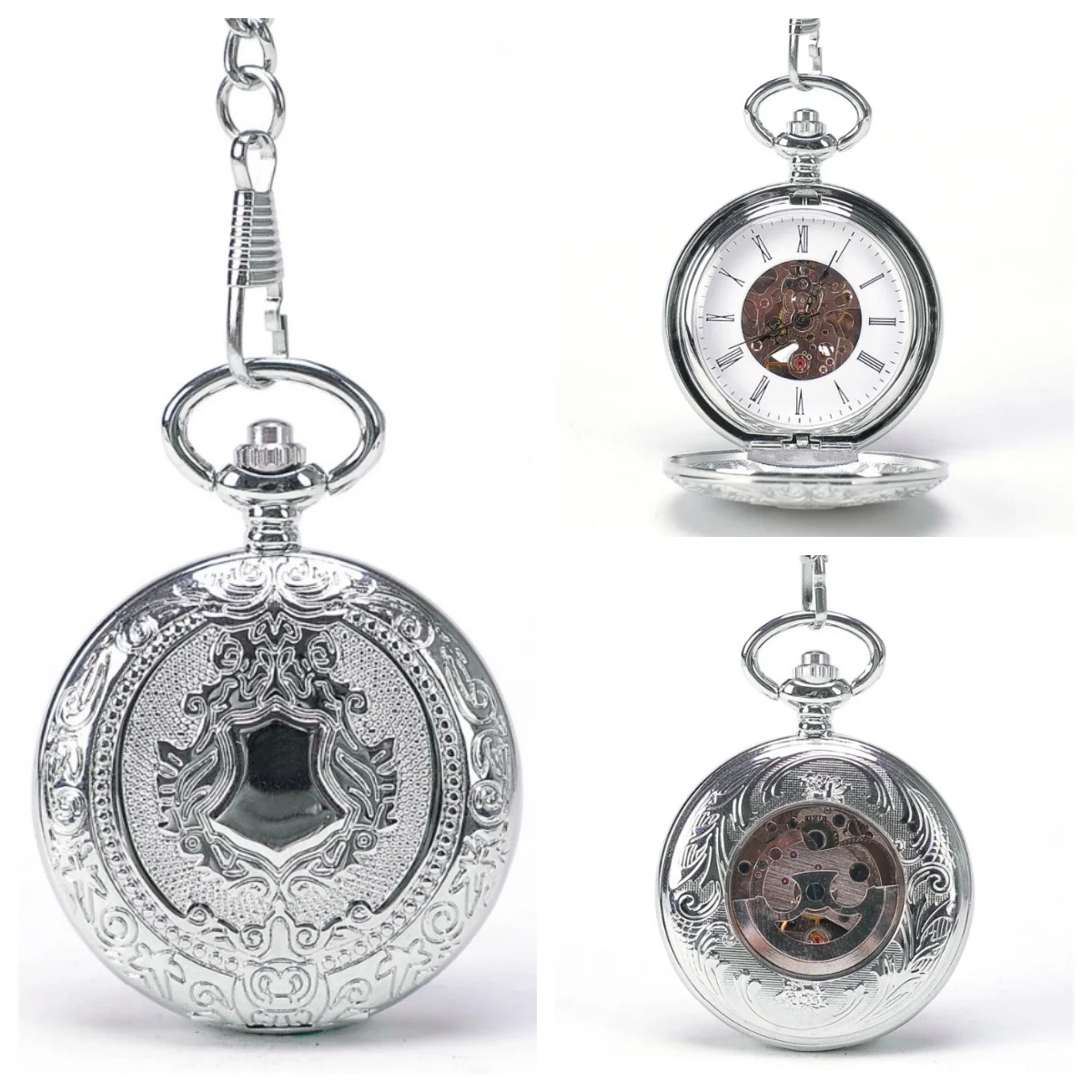 Luxury Style Silver Tone Case Men's Automatic Mechanical Steampunk Pocket Watch Self Winding White Dial Roman Number Fob Watch