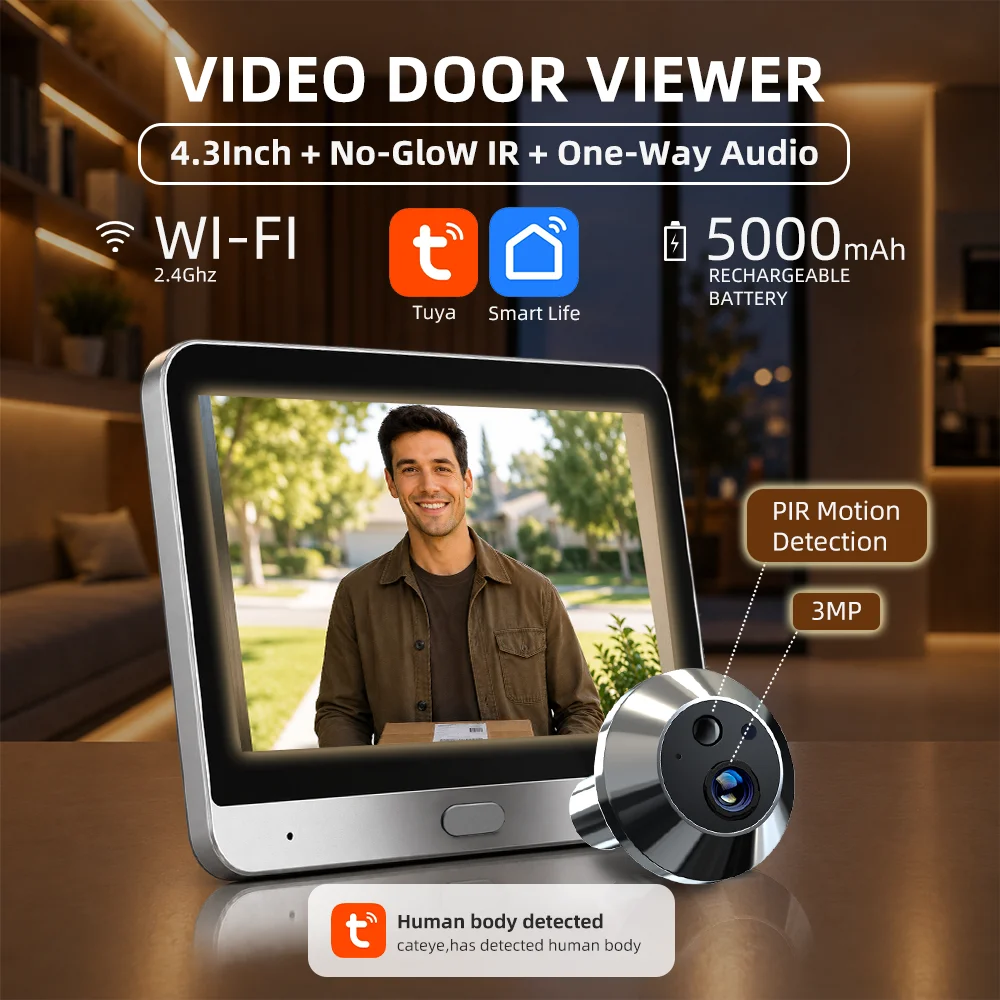 Tuya Smart 3MP 140° Wide View Angle Mini Digital Peephole Eye Viewer WiFi IR PIR Detection Doorbell Door Camera Alexa Google